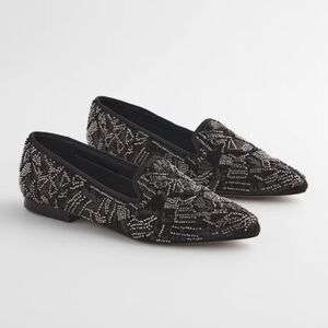 Chicos Gwyn Art Deco Beaded Flats Black Gold 9.5